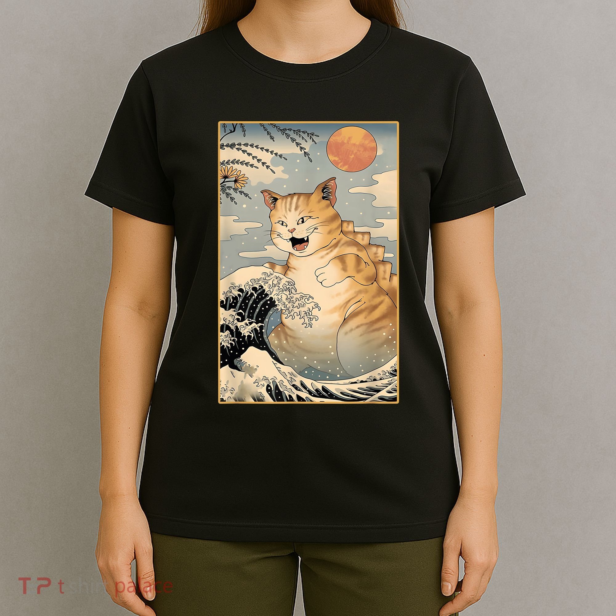 Catzilla Vintage Funny Cute Cat Art Japanese Sunset Kitten Lovers T-Shirt