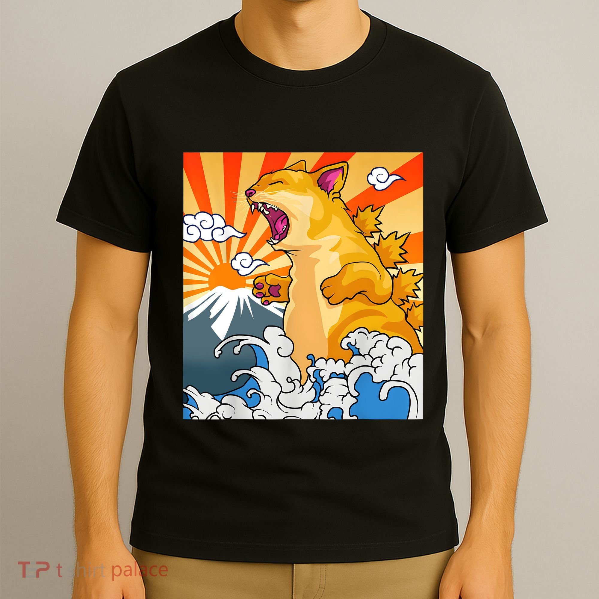 Catzilla Vintage Funny Cute Cat Art Japanese Sunset Kitten Lovers T-Shirt
