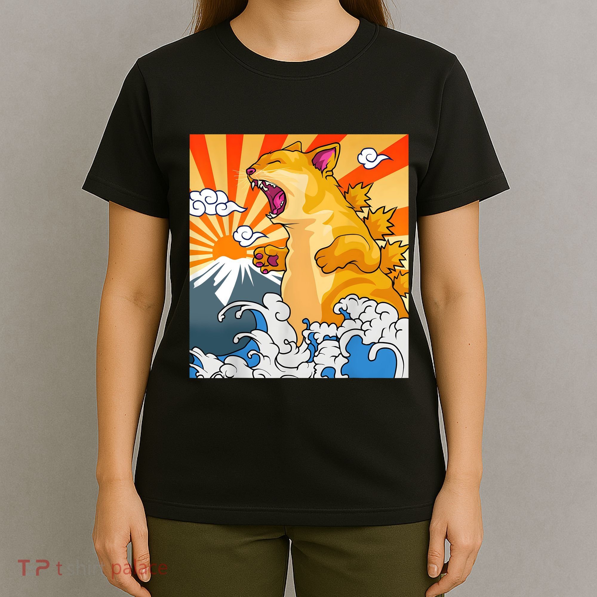 Catzilla Vintage Funny Cute Cat Art Japanese Sunset Kitten Lovers T-Shirt