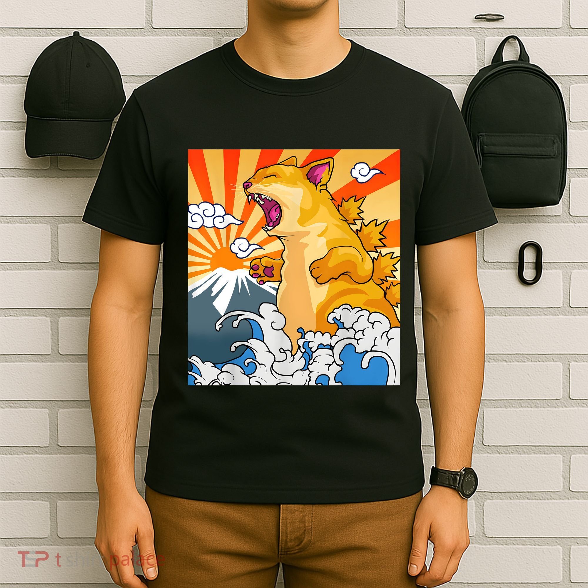 Catzilla Vintage Funny Cute Cat Art Japanese Sunset Kitten Lovers T-Shirt