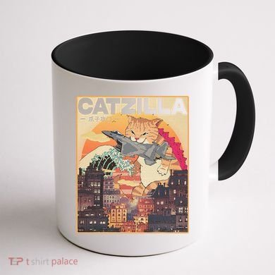 Catzilla Vintage Funny Cute Cat Art Japanese Sunset Coffee Mug back