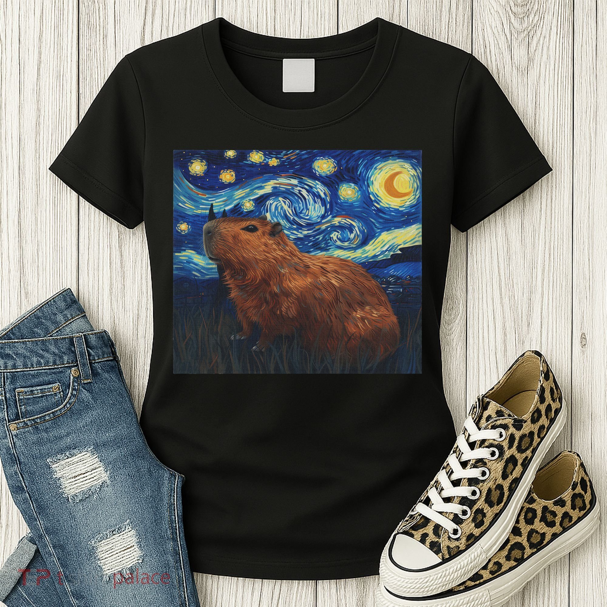 Capybara Van Gogh Style Starry Night Women's T-Shirt