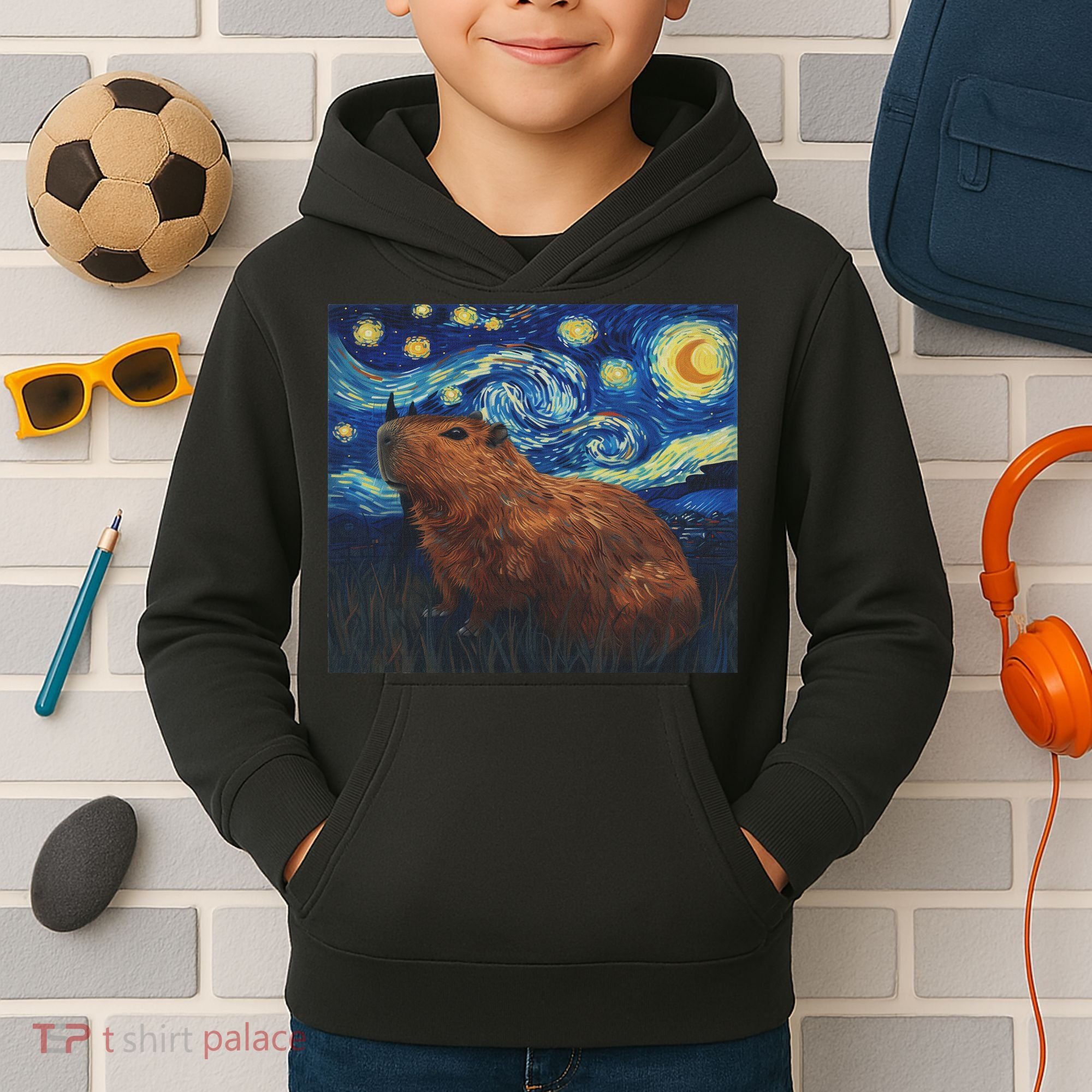 Capybara Van Gogh Style Starry Night Kids Hoodie