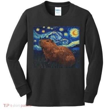 Capybara Van Gogh Style Starry Night Kids Long Sleeve Shirt