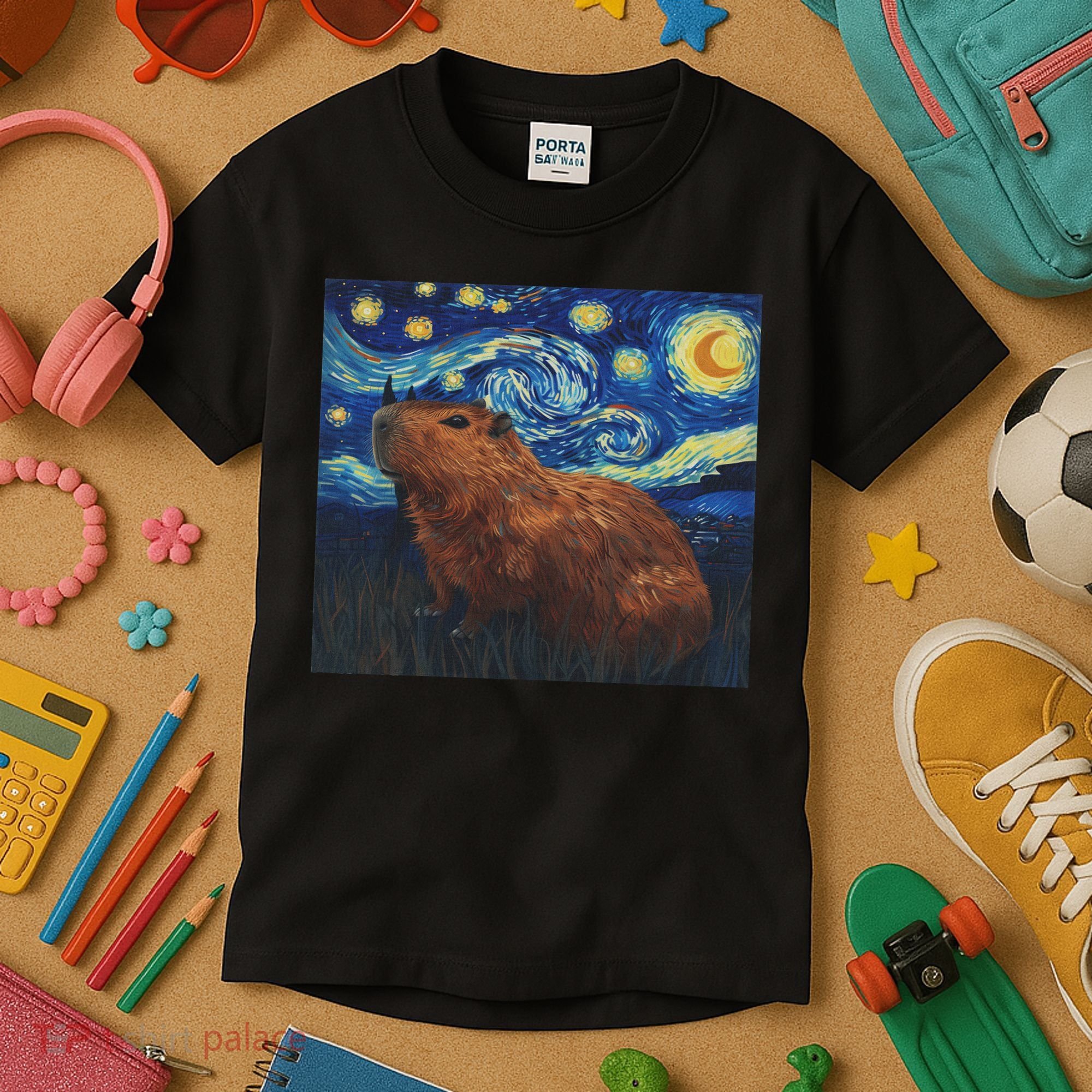 Capybara Van Gogh Style Starry Night Kids T-Shirt