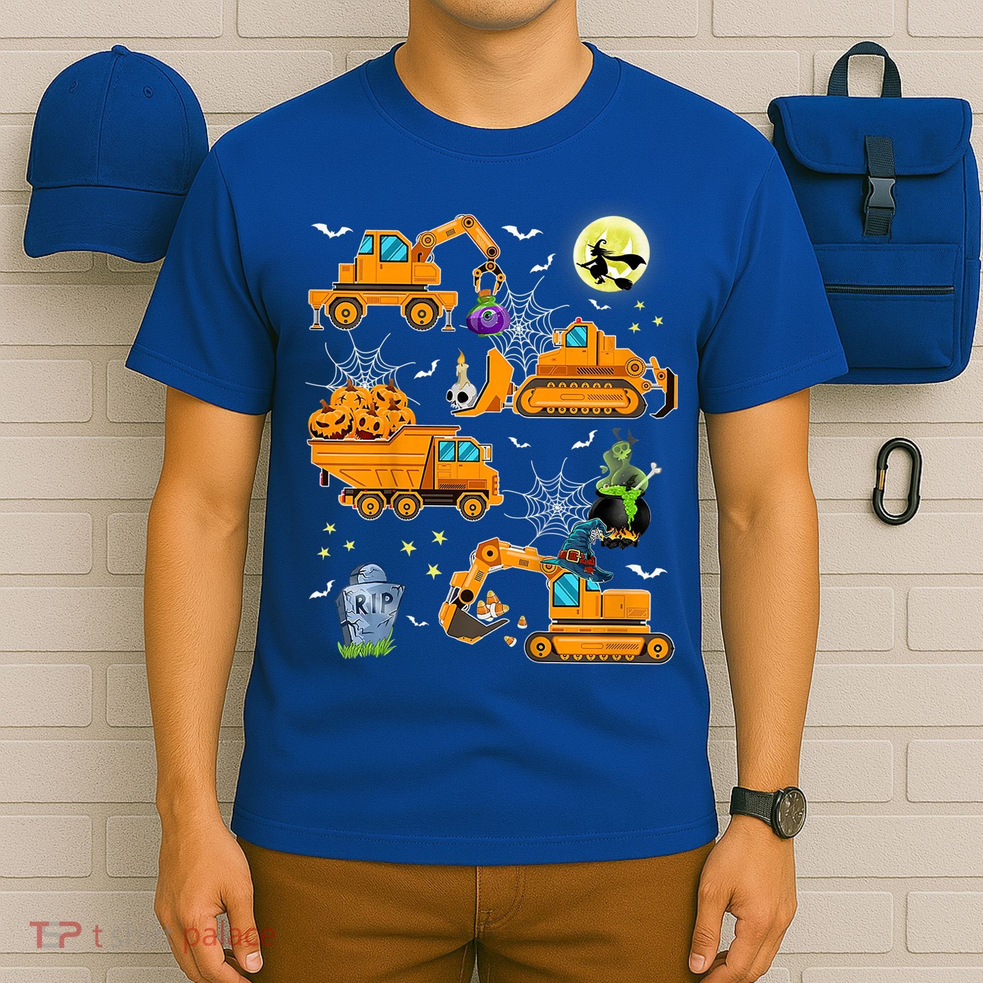 Construction Vehicle Halloween Crane Truck Pumpkin Boys T-Shirt