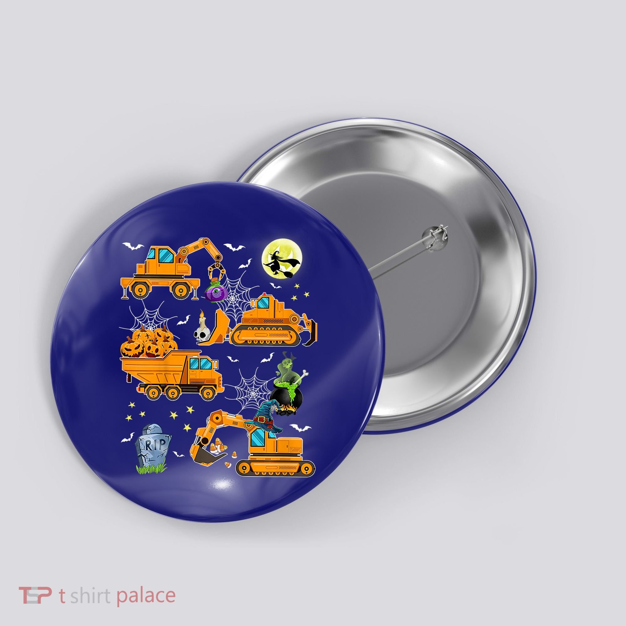 Construction Vehicle Halloween Crane Truck Pumpkin Boys Button