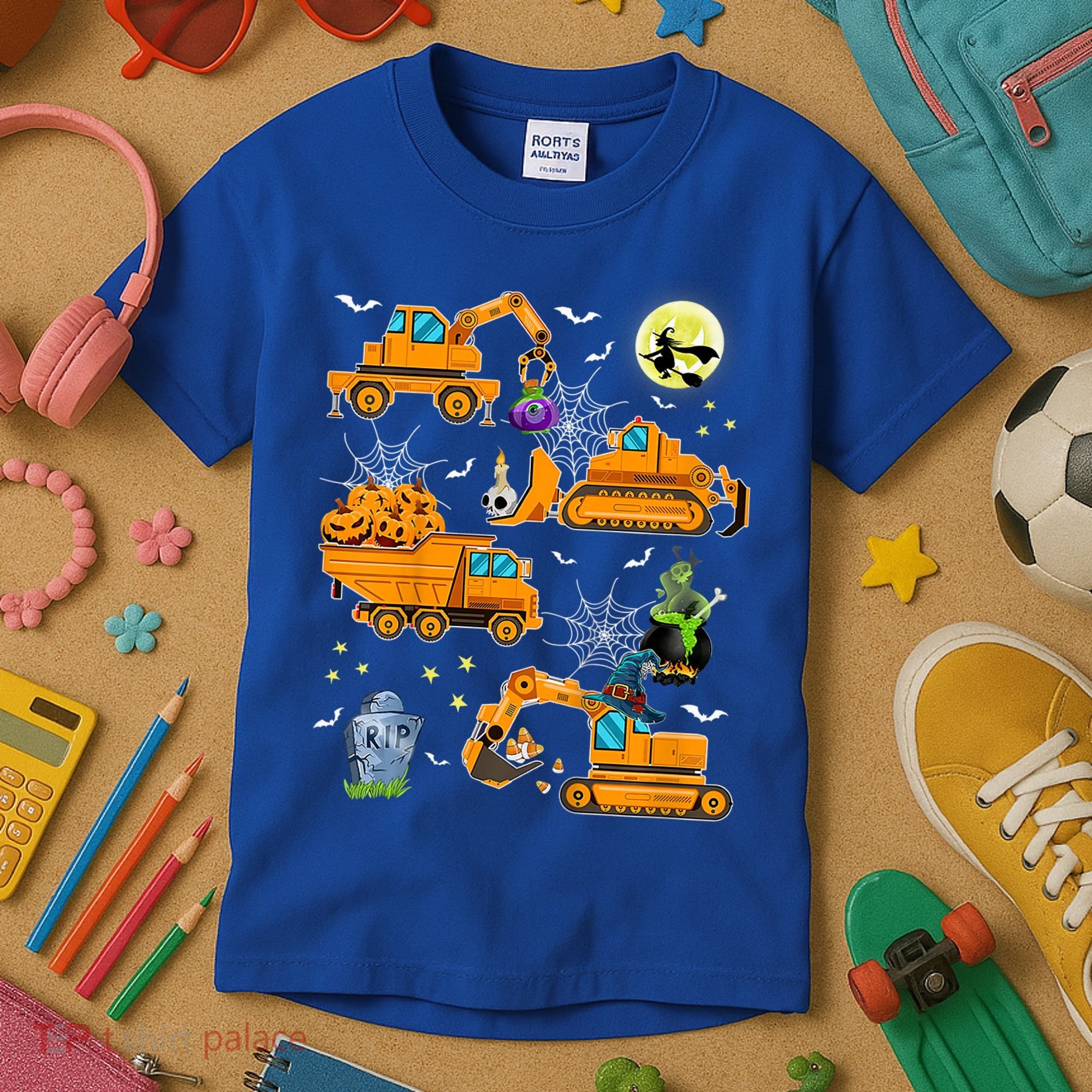 Construction Vehicle Halloween Crane Truck Pumpkin Boys Kids T-Shirt