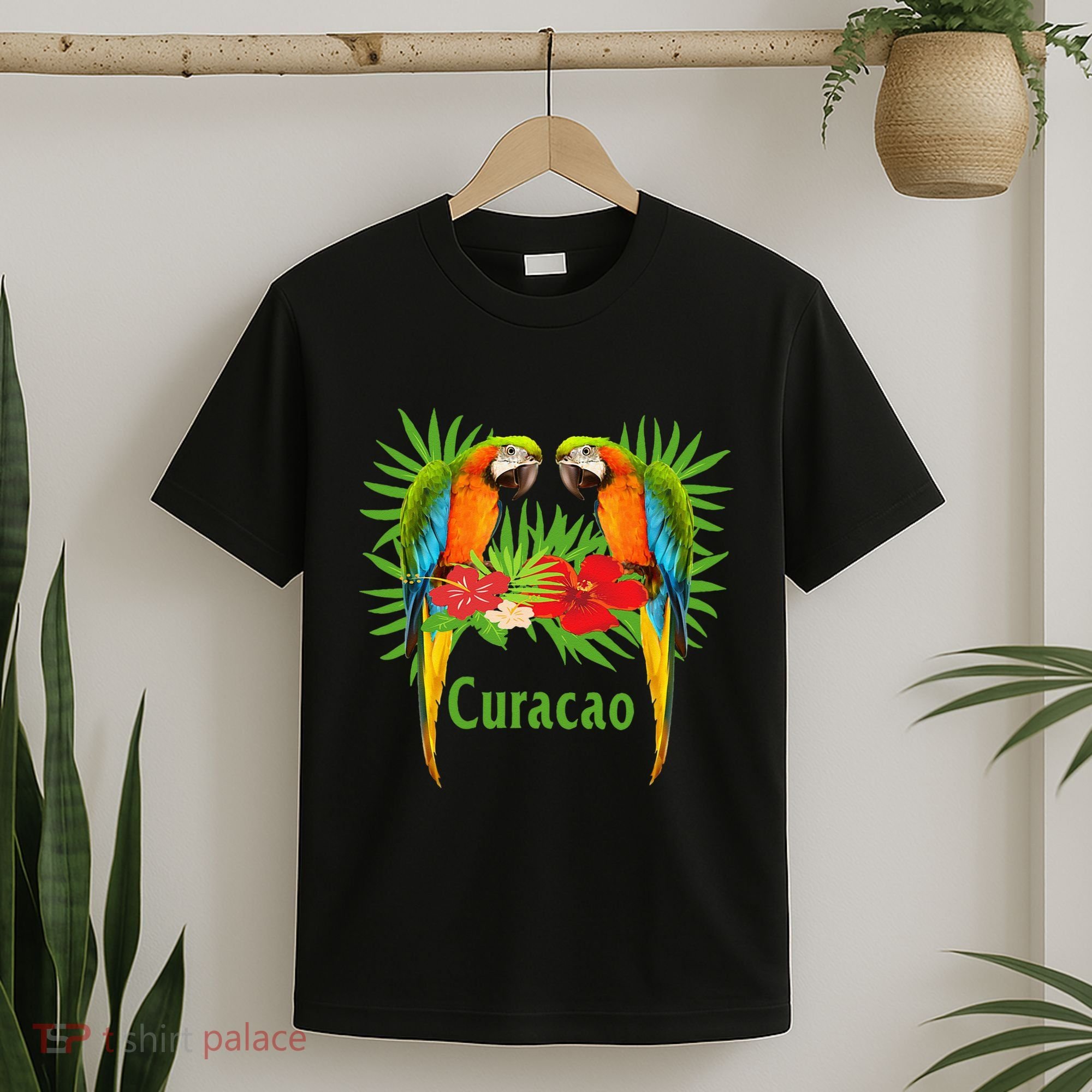 Curacao Vacation Parrots Tropical Flowers Green Palm Beaches T-Shirt