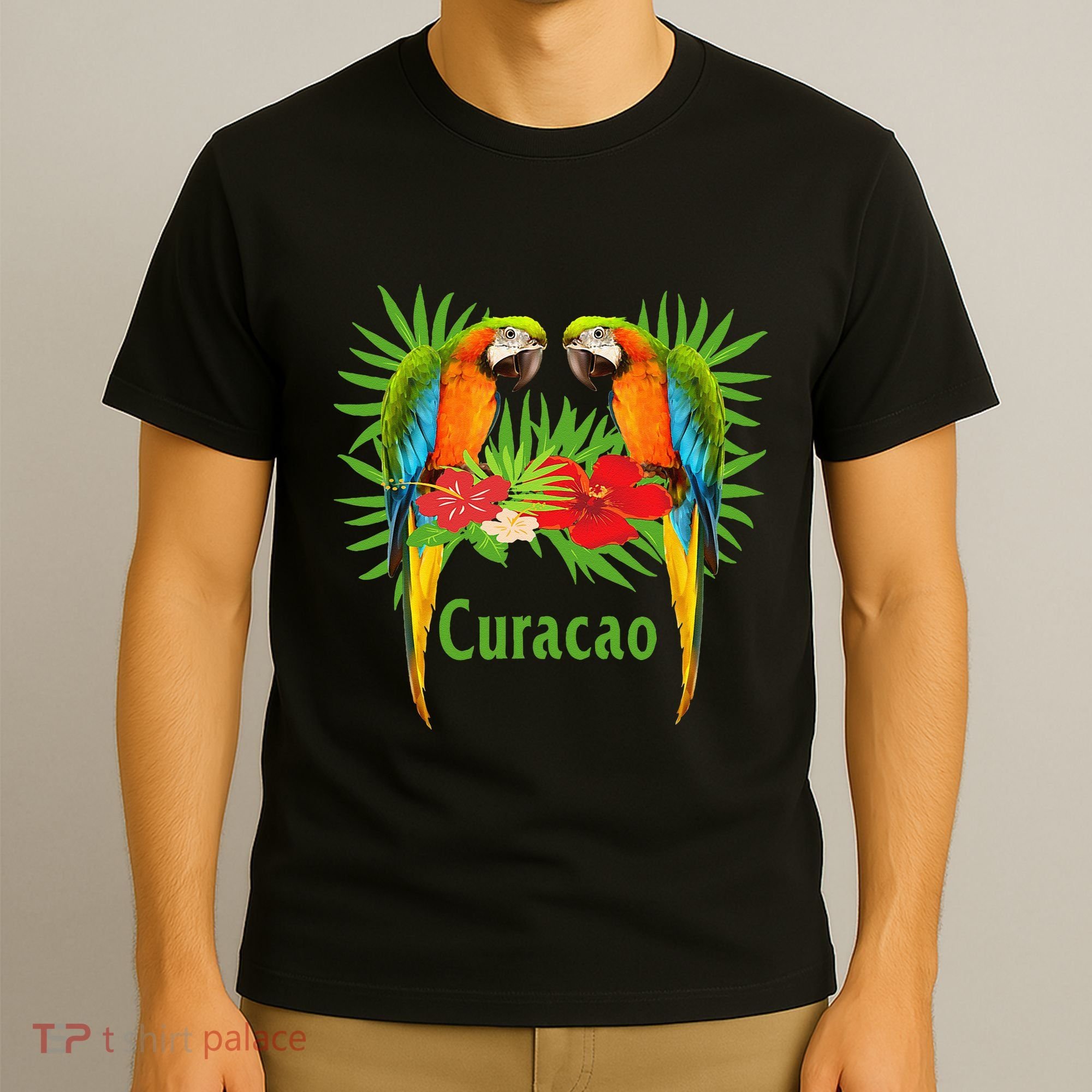 Curacao Vacation Parrots Tropical Flowers Green Palm Beaches T-Shirt