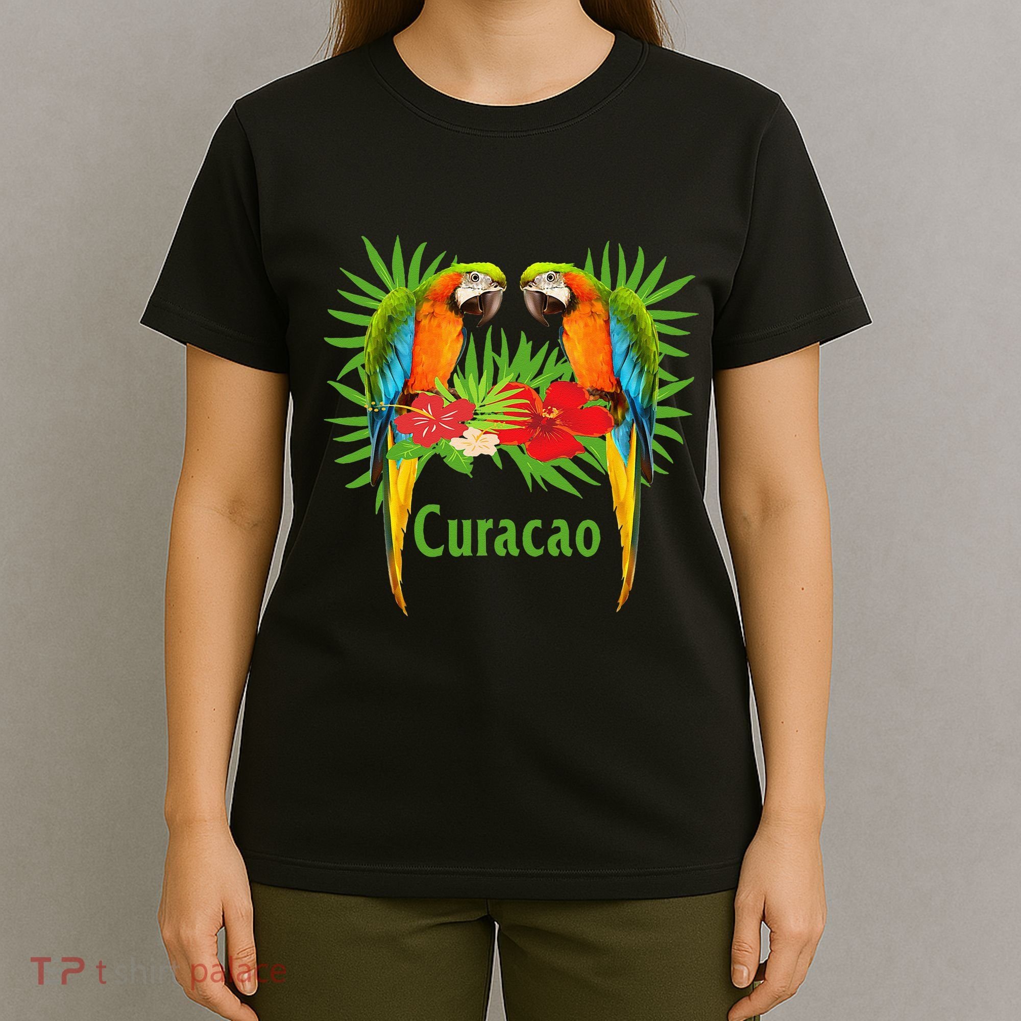 Curacao Vacation Parrots Tropical Flowers Green Palm Beaches T-Shirt