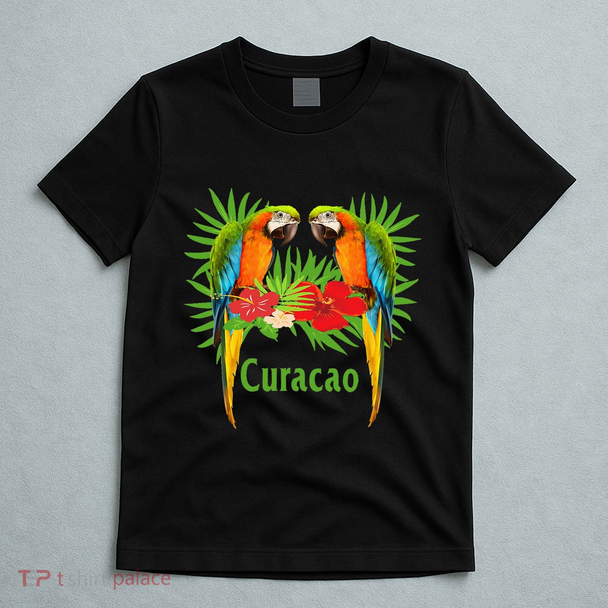 Curacao Vacation Parrots Tropical Flowers Green Palm Beaches T-Shirt