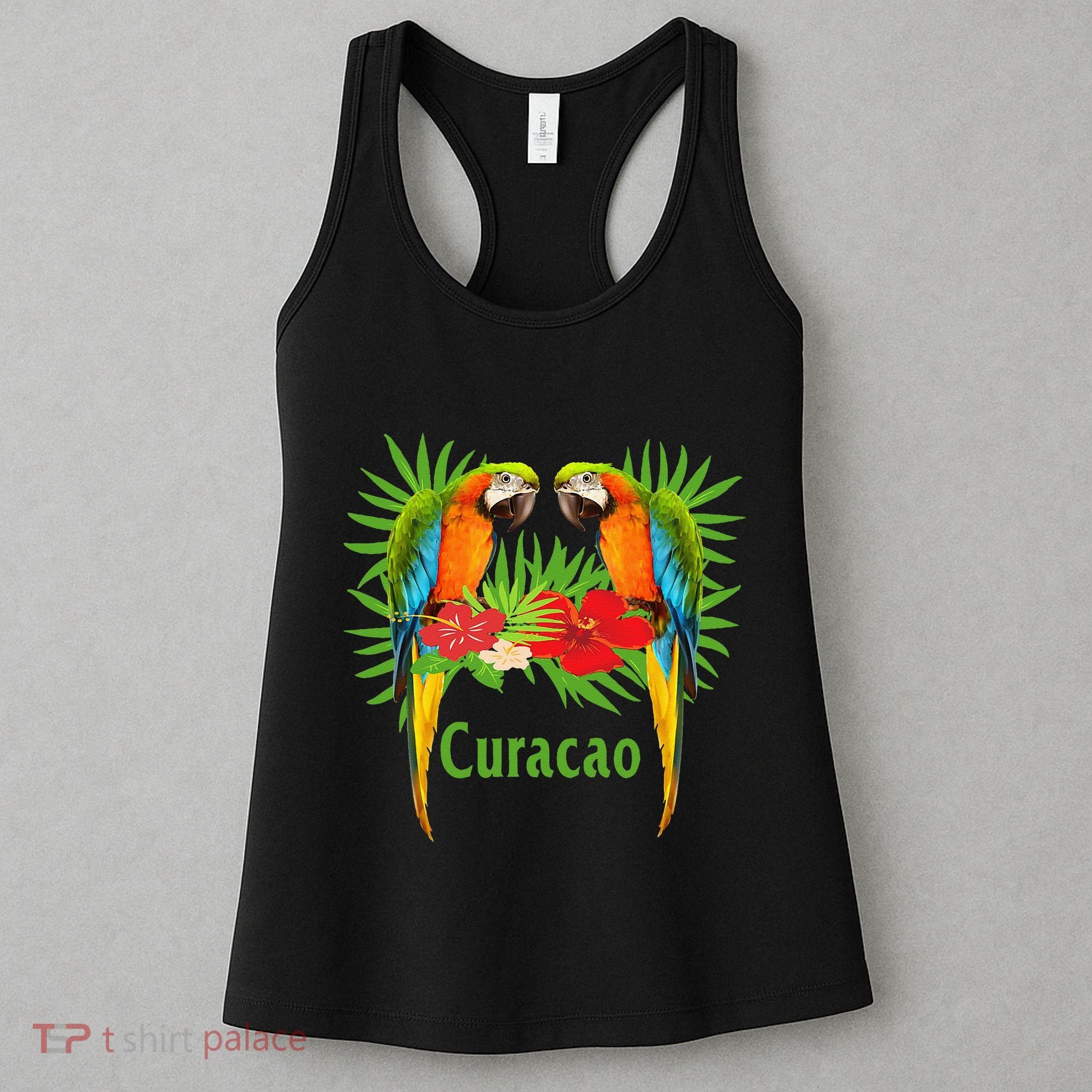 Curacao Vacation Parrots Tropical Flowers Green Palm Beaches Women's Tank Top