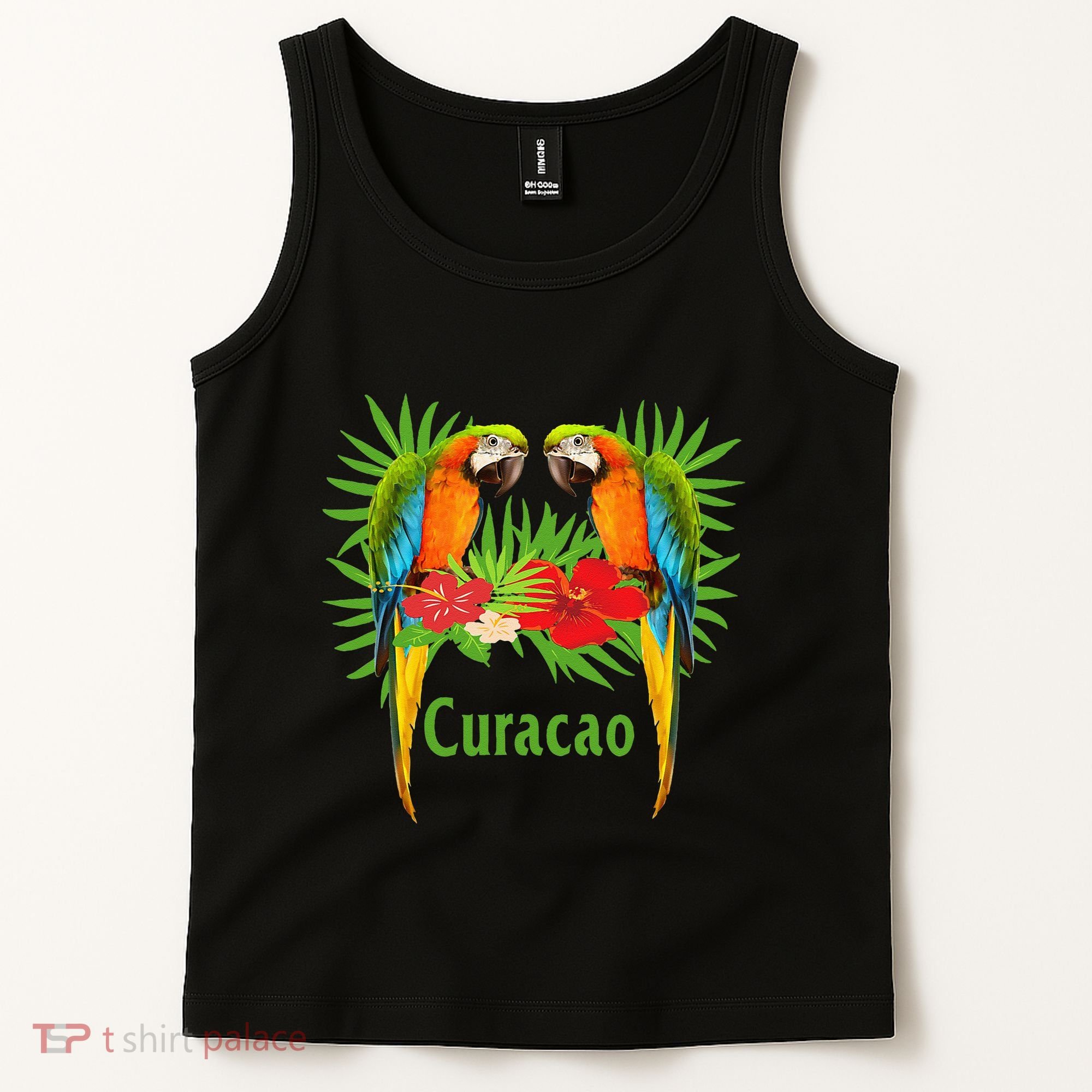 Curacao Vacation Parrots Tropical Flowers Green Palm Beaches Tank Top
