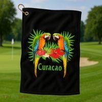 Curacao Vacation Parrots Tropical Flowers Green Palm Beaches Golf Towel thumb 1