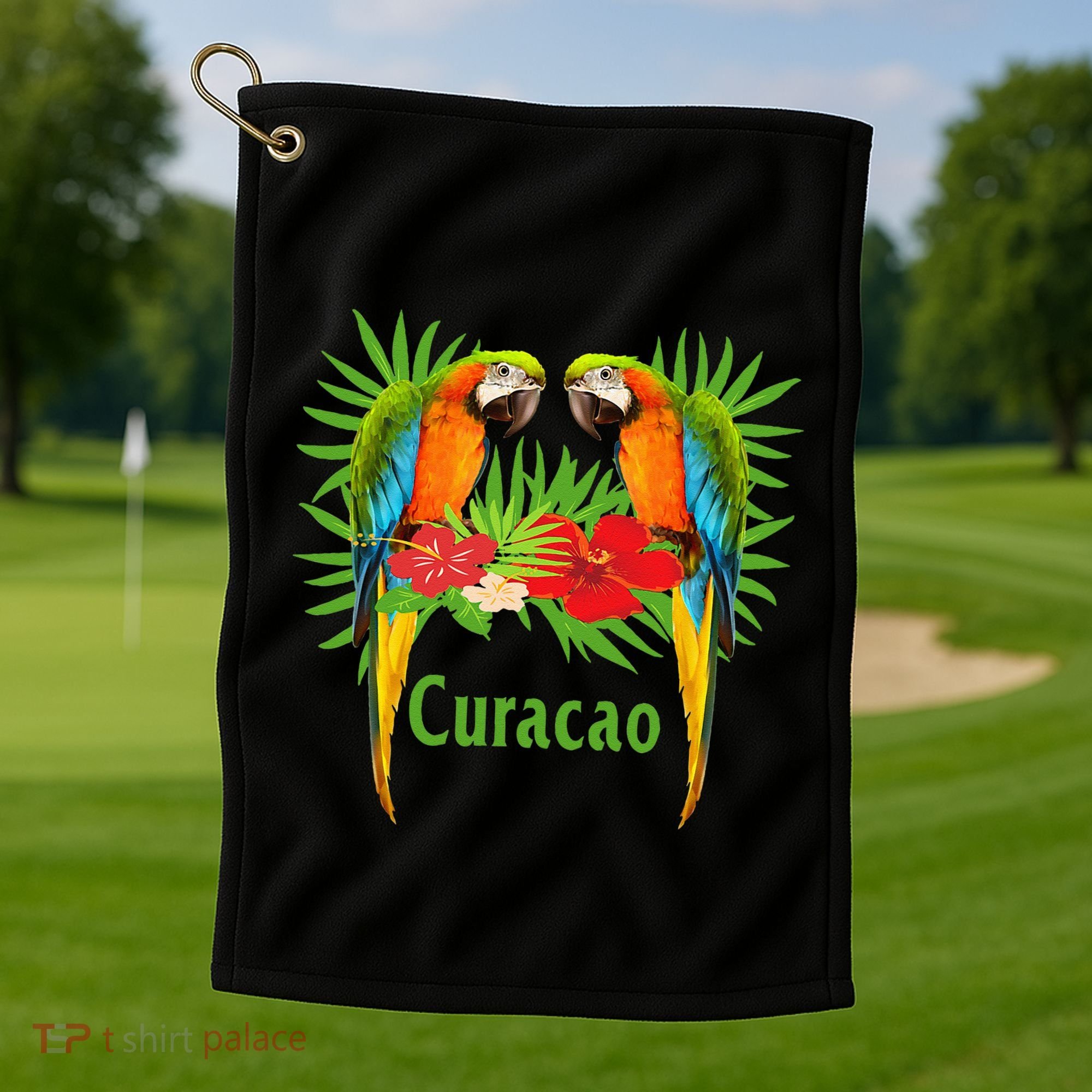 Curacao Vacation Parrots Tropical Flowers Green Palm Beaches Golf Towel