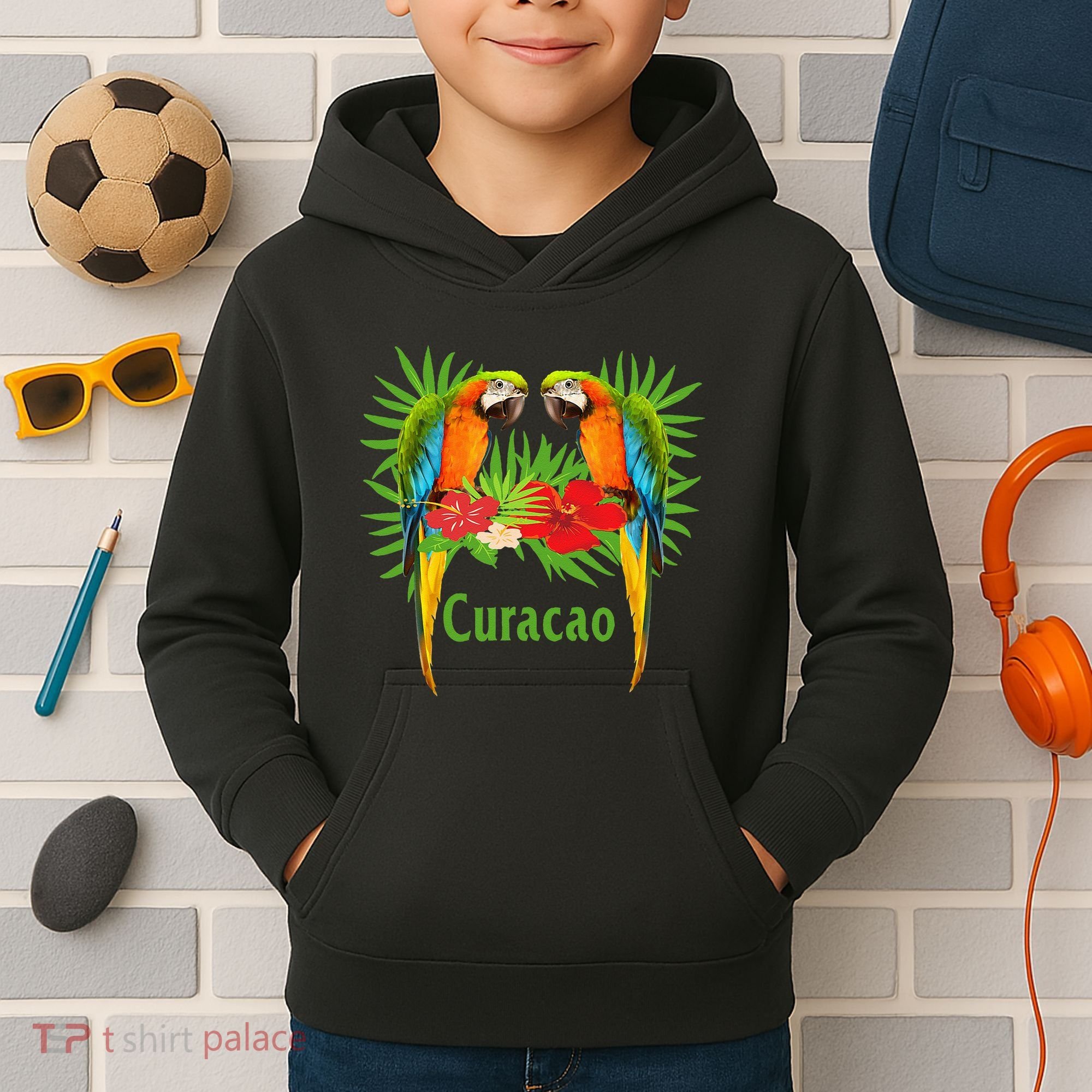Curacao Vacation Parrots Tropical Flowers Green Palm Beaches Kids Hoodie