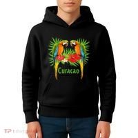 Curacao Vacation Parrots Tropical Flowers Green Palm Beaches Kids Hoodie thumb 4