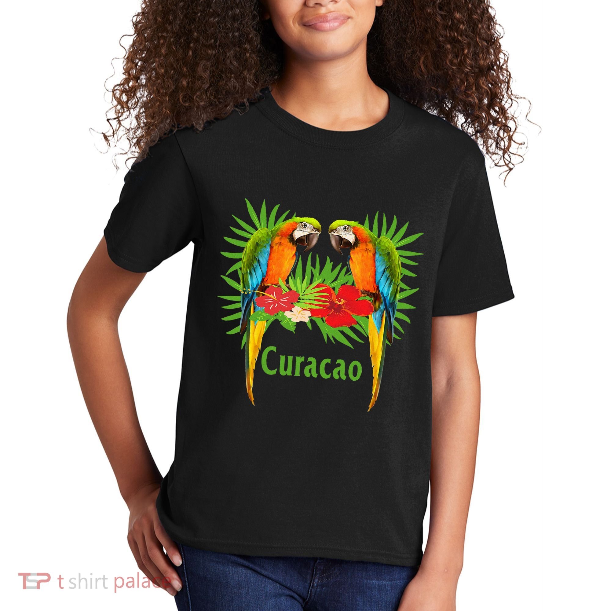 Curacao Vacation Parrots Tropical Flowers Green Palm Beaches Kids T-Shirt