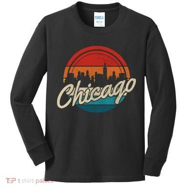 Chicago Vintage Skyline Retro Illinois Pride Gift Kids Long Sleeve Shirt
