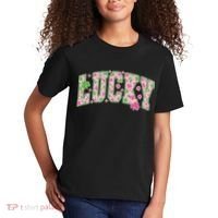 Cute Varsity Style St Patrick's Day Pink And Green Lucky Kids T-Shirt thumb 2