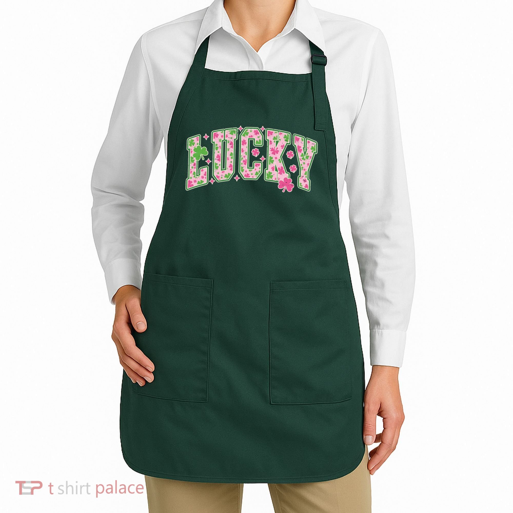 Cute Varsity Style St Patrick's Day Pink And Green Lucky Apron