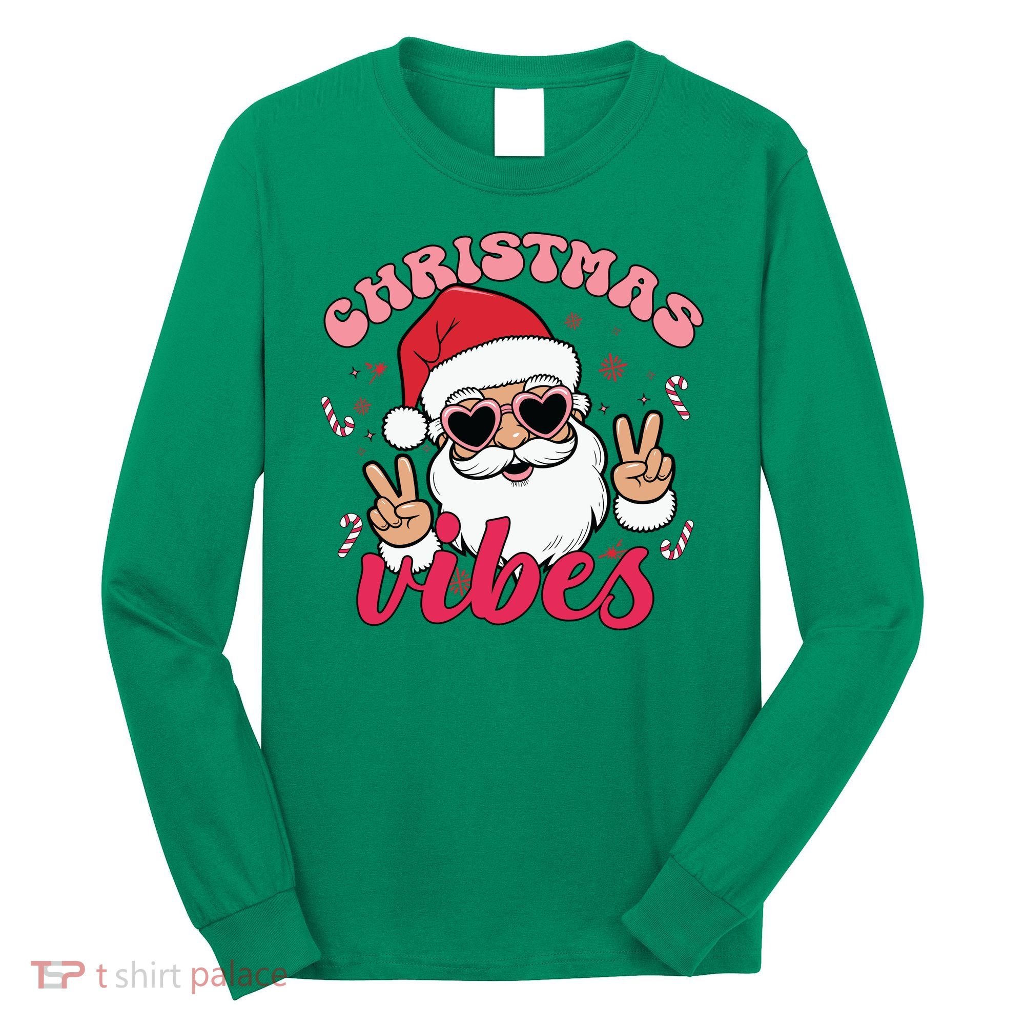 Christmas Vibes Santa Claus Peace Retro Groovy Long Sleeve Shirt