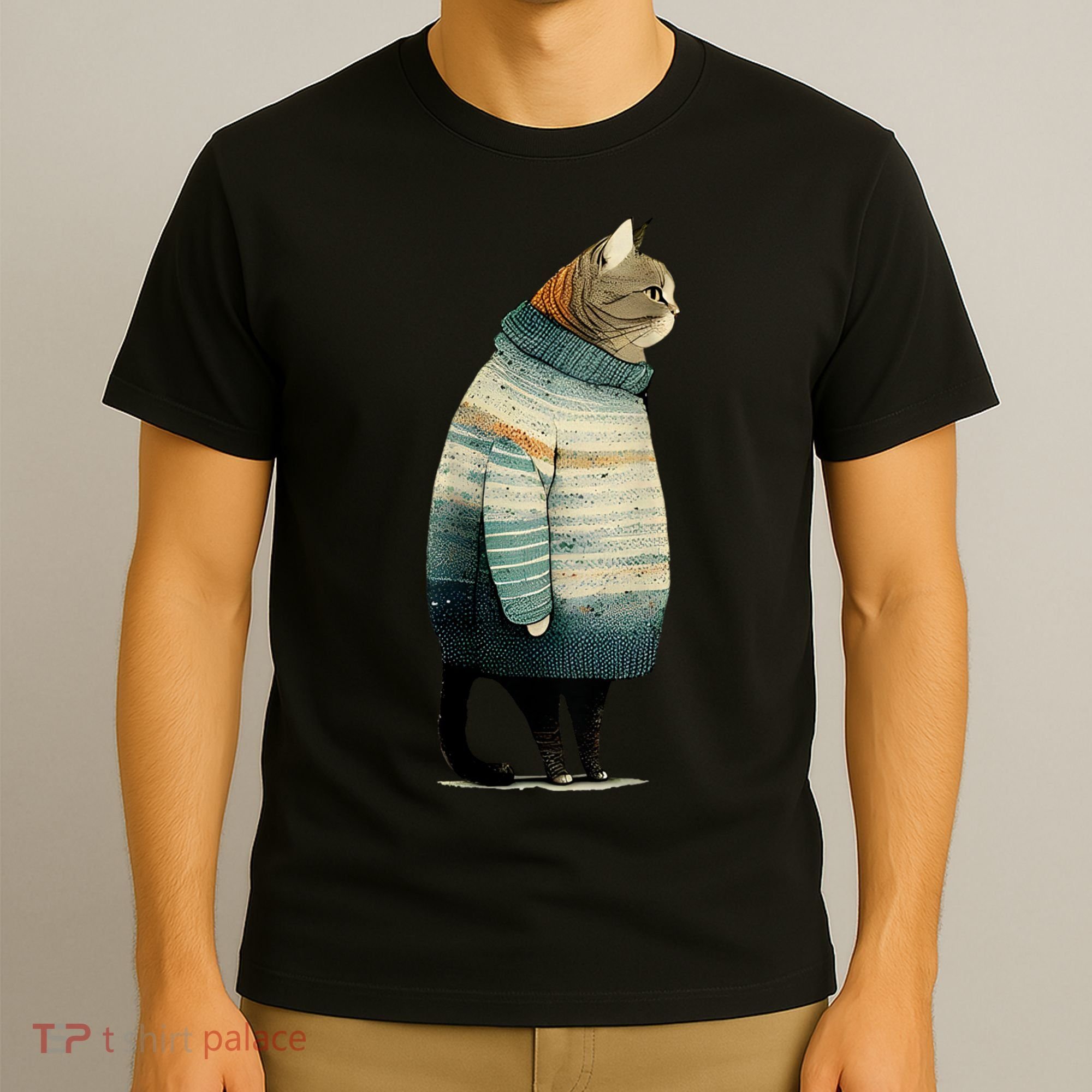 Cat Wearing A Sweater Funny Pet Fat Gray Cat In Sweater T-Shirt