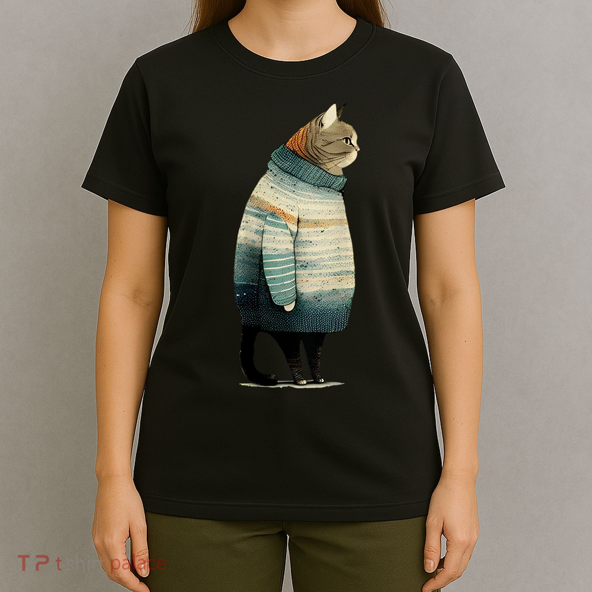 Cat Wearing A Sweater Funny Pet Fat Gray Cat In Sweater T-Shirt