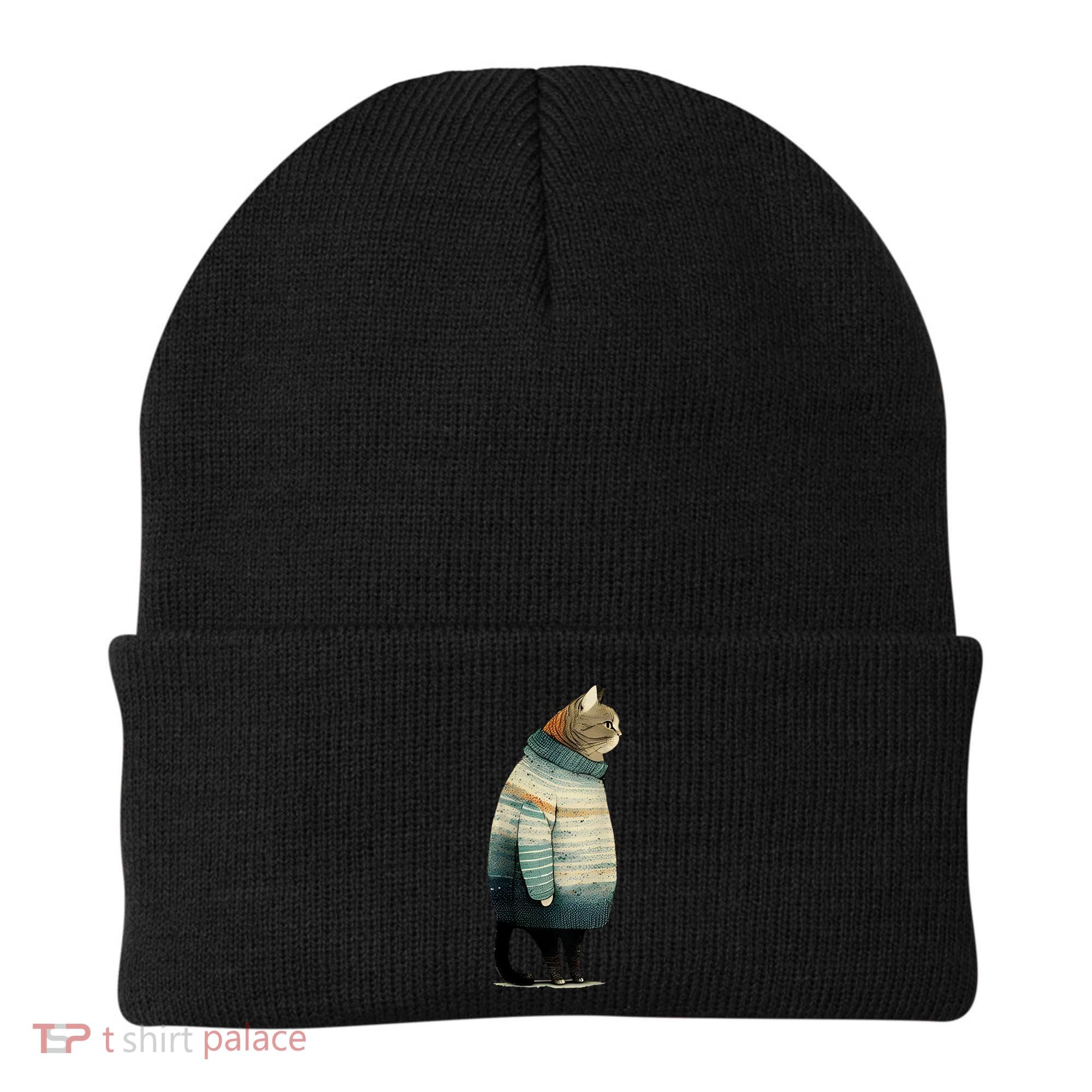 Cat Wearing A Sweater Funny Pet Fat Gray Cat In Sweater Beanie
