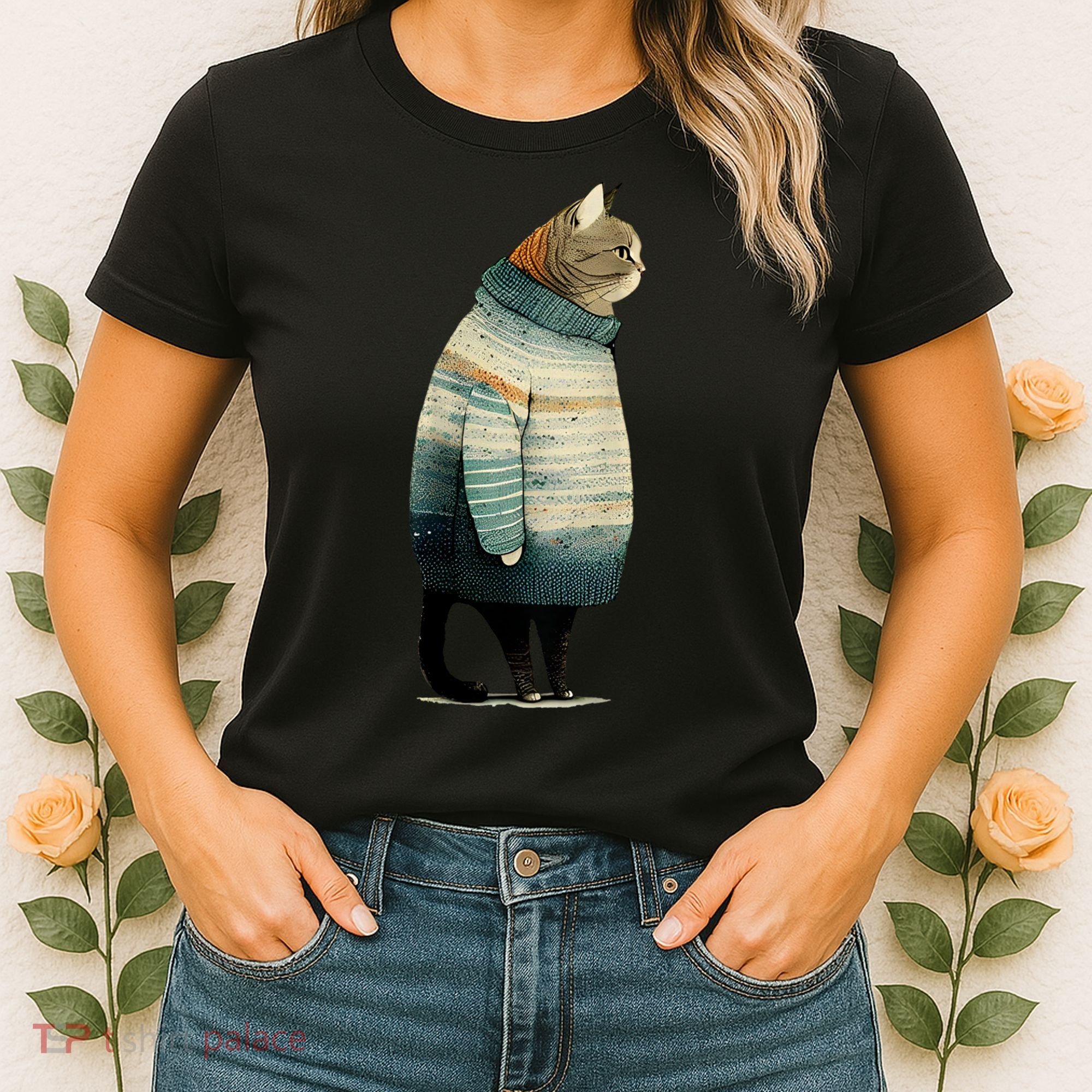 Cat Wearing A Sweater Funny Pet Fat Gray Cat In Sweater Women's T-Shirt