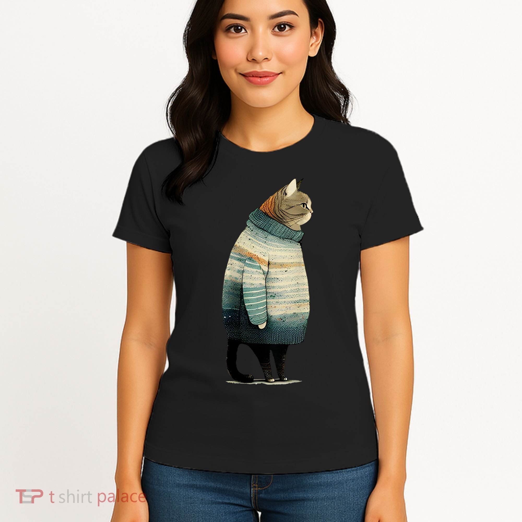 Cat Wearing A Sweater Funny Pet Fat Gray Cat In Sweater Women's T-Shirt