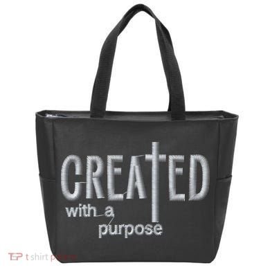 Created With A Purpose Christian Faith Jesus Embroidered Embroidered Tote Bag