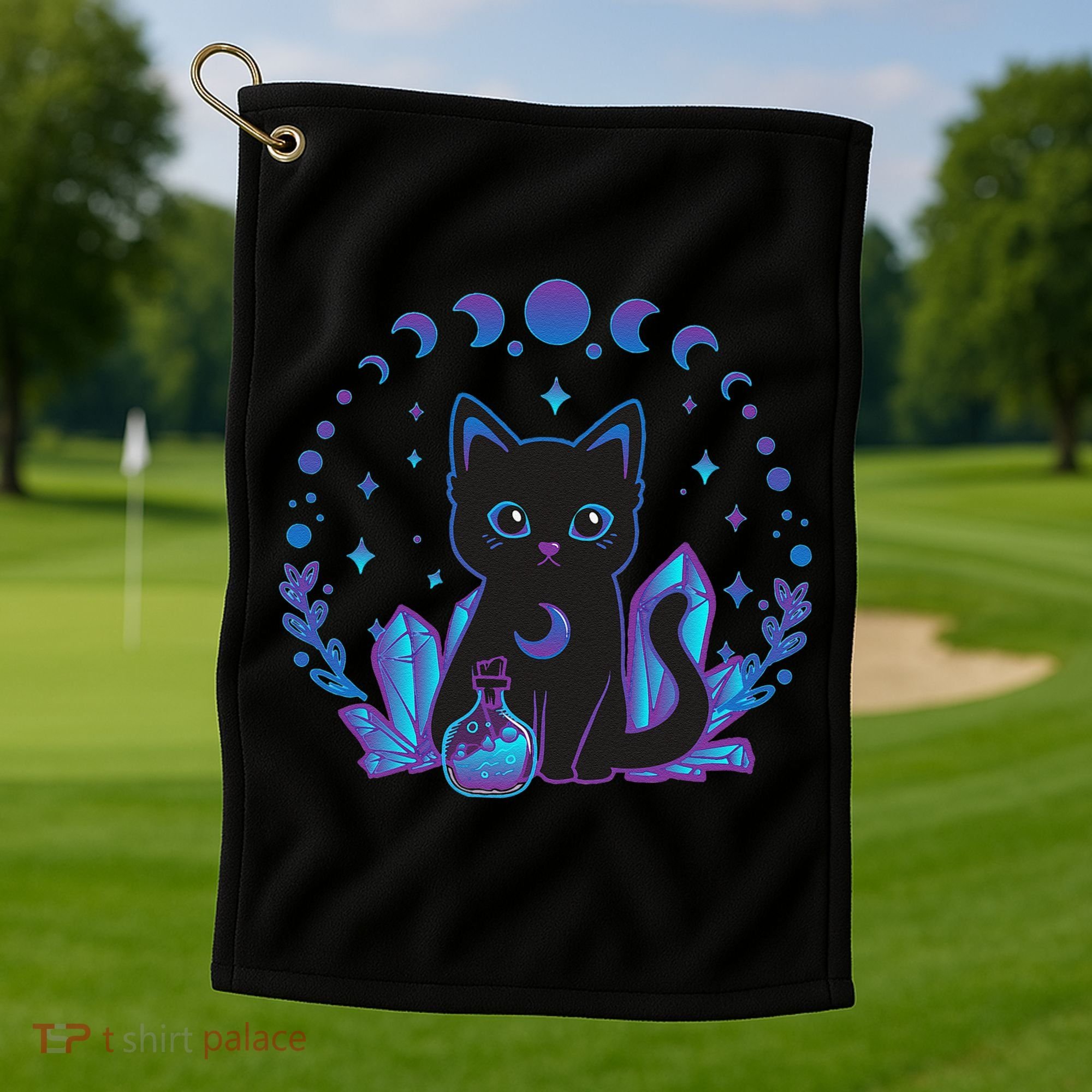 Cute Witchy Black Cat Crystal Alchemy Kawaii Pastel Goth Golf Towel