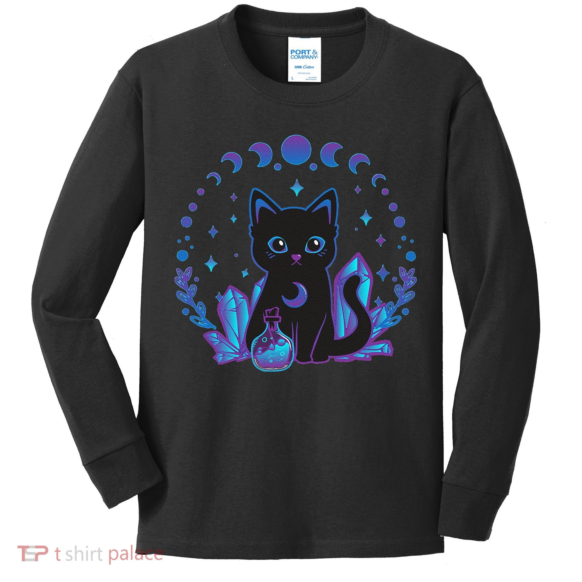 Cute Witchy Black Cat Crystal Alchemy Kawaii Pastel Goth Kids Long Sleeve Shirt