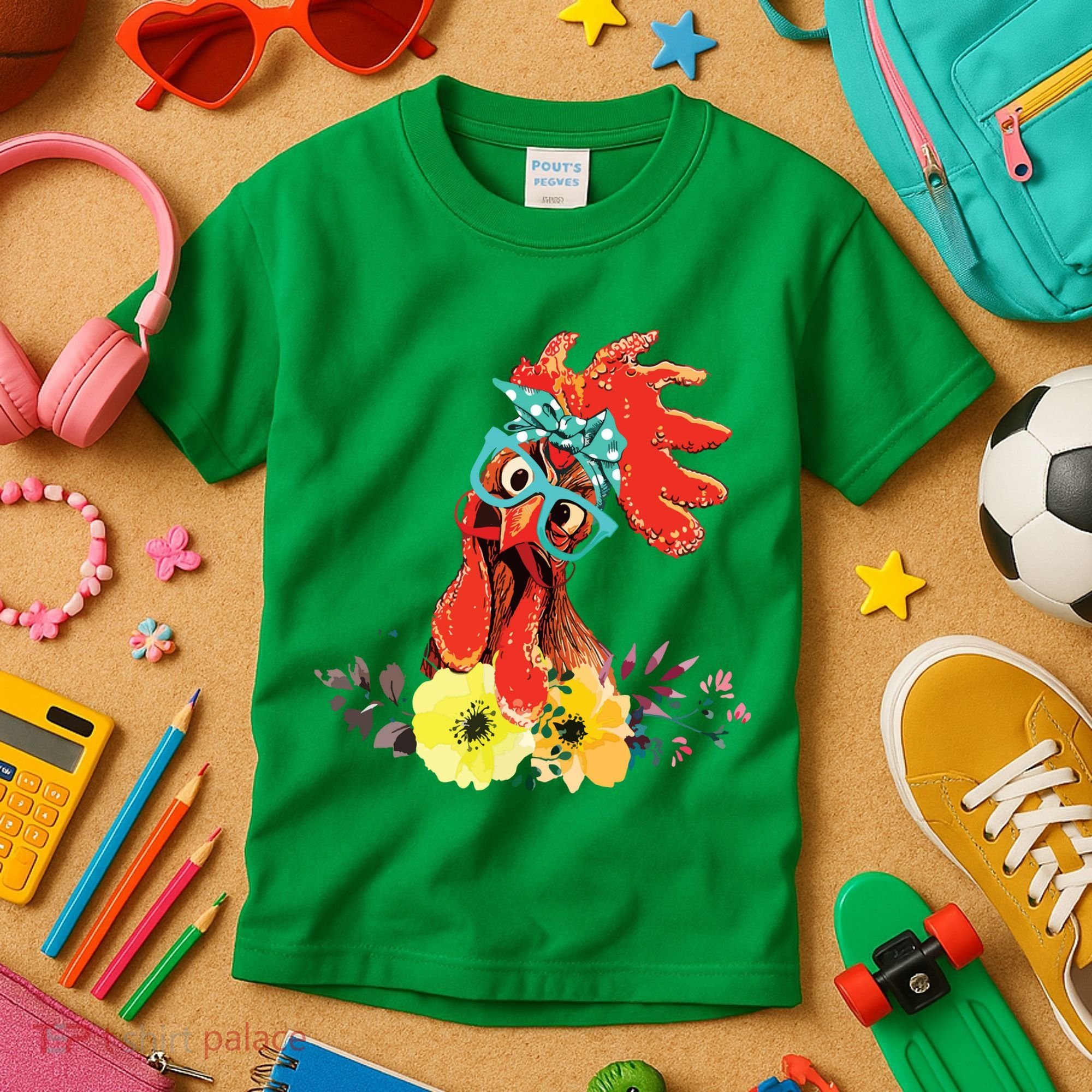 Chicken With Bandana Headband And Glasses Cute Kids T-Shirt