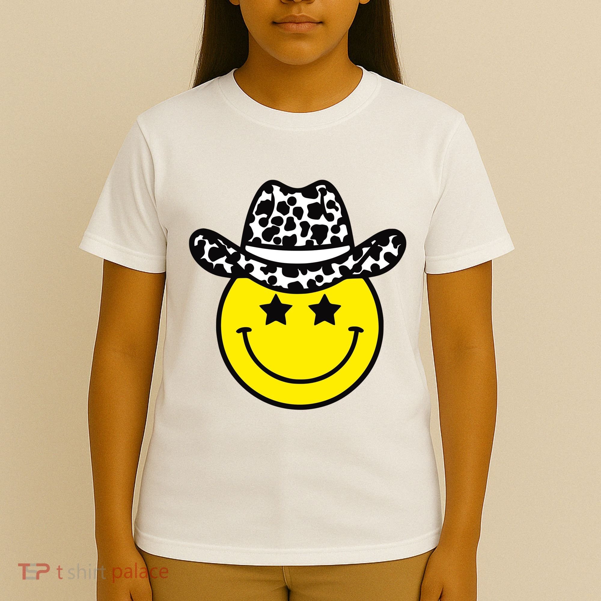 Cute Western Country Cowgirl Hat Star Yellow Smile Face Girl T-Shirt