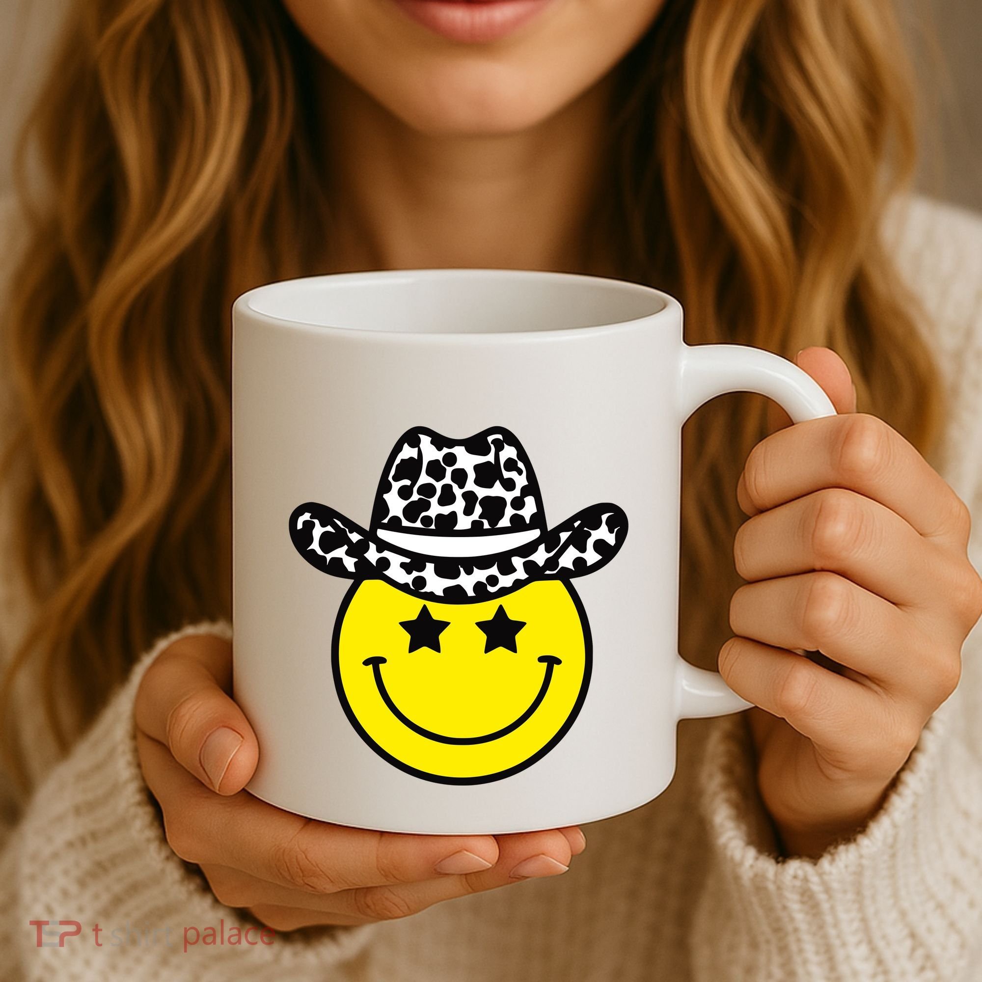 Cute Western Country Cowgirl Hat Star Yellow Smile Face Girl Coffee Mug