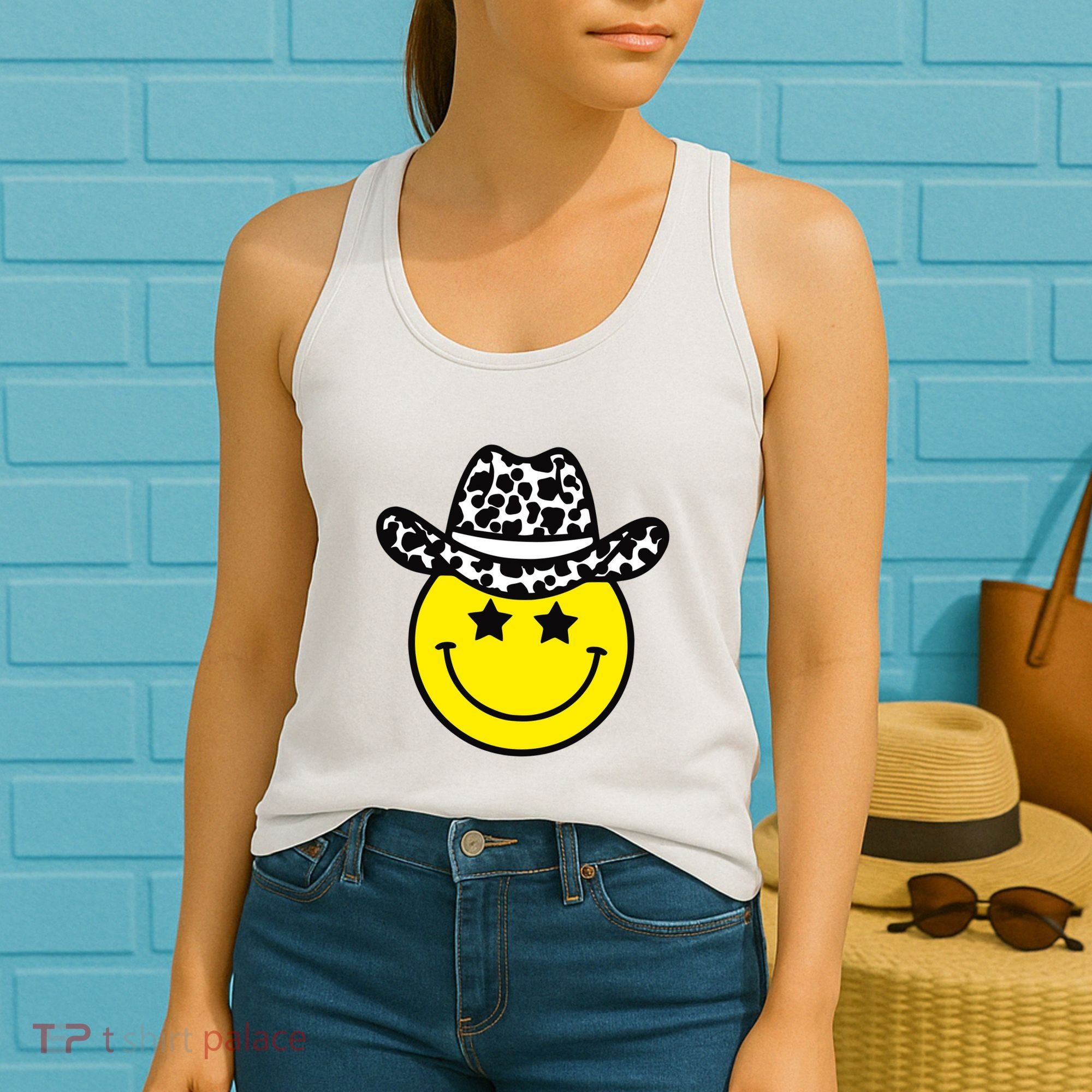 Cute Western Country Cowgirl Hat Star Yellow Smile Face Girl Women's Tank Top