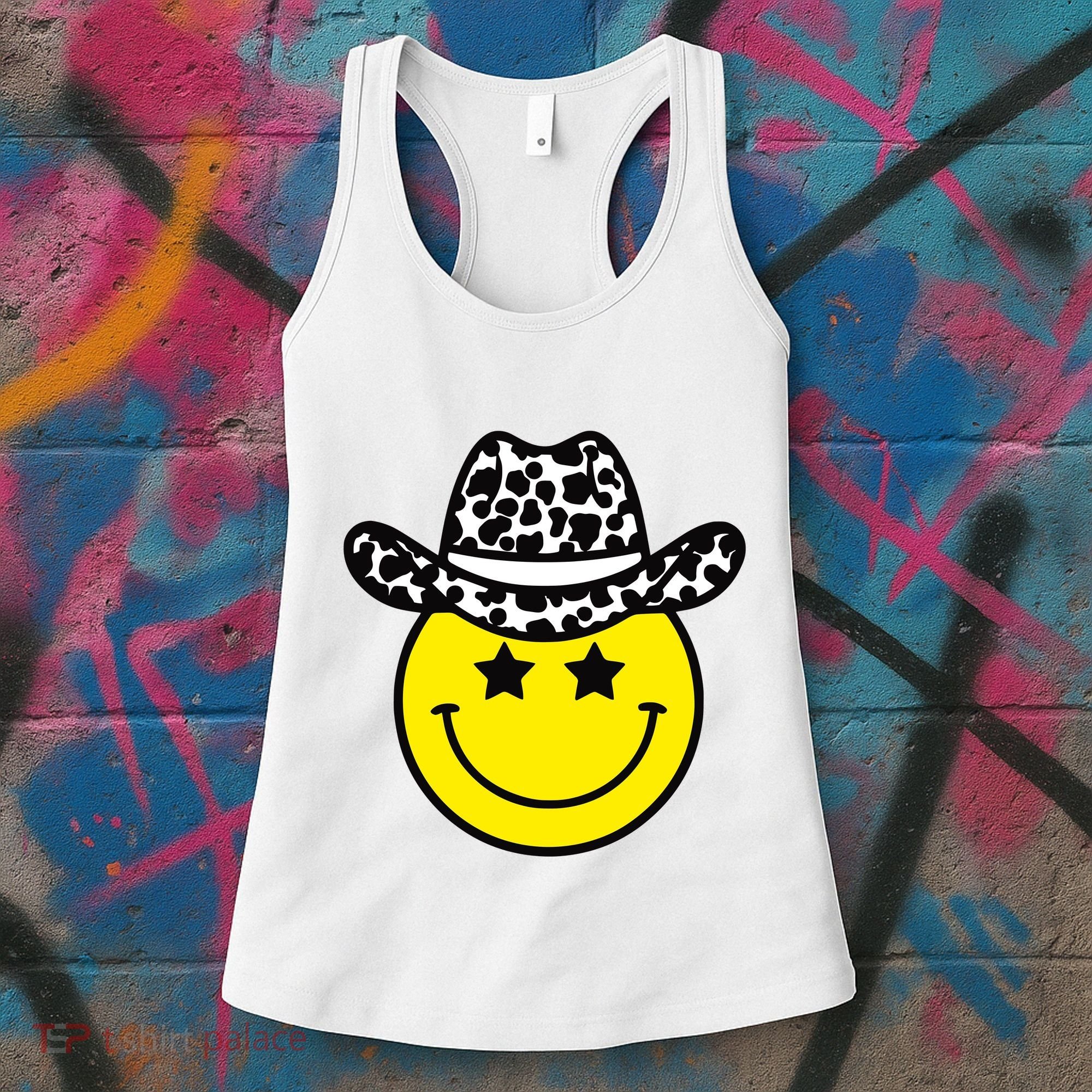 Cute Western Country Cowgirl Hat Star Yellow Smile Face Girl Women's Tank Top