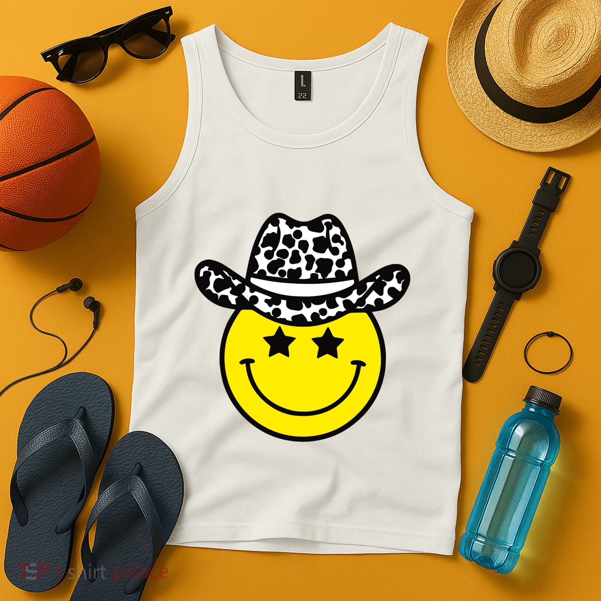 Cute Western Country Cowgirl Hat Star Yellow Smile Face Girl Tank Top