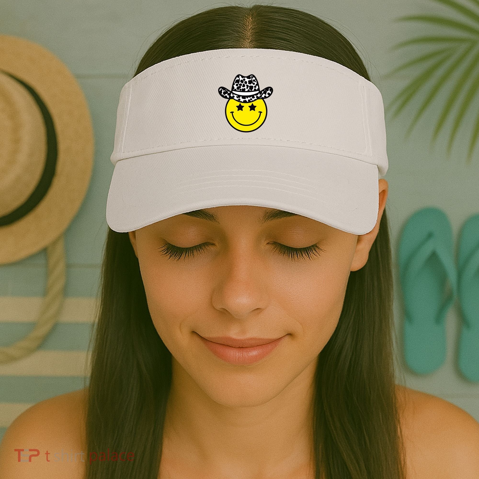 Cute Western Country Cowgirl Hat Star Yellow Smile Face Girl Visor
