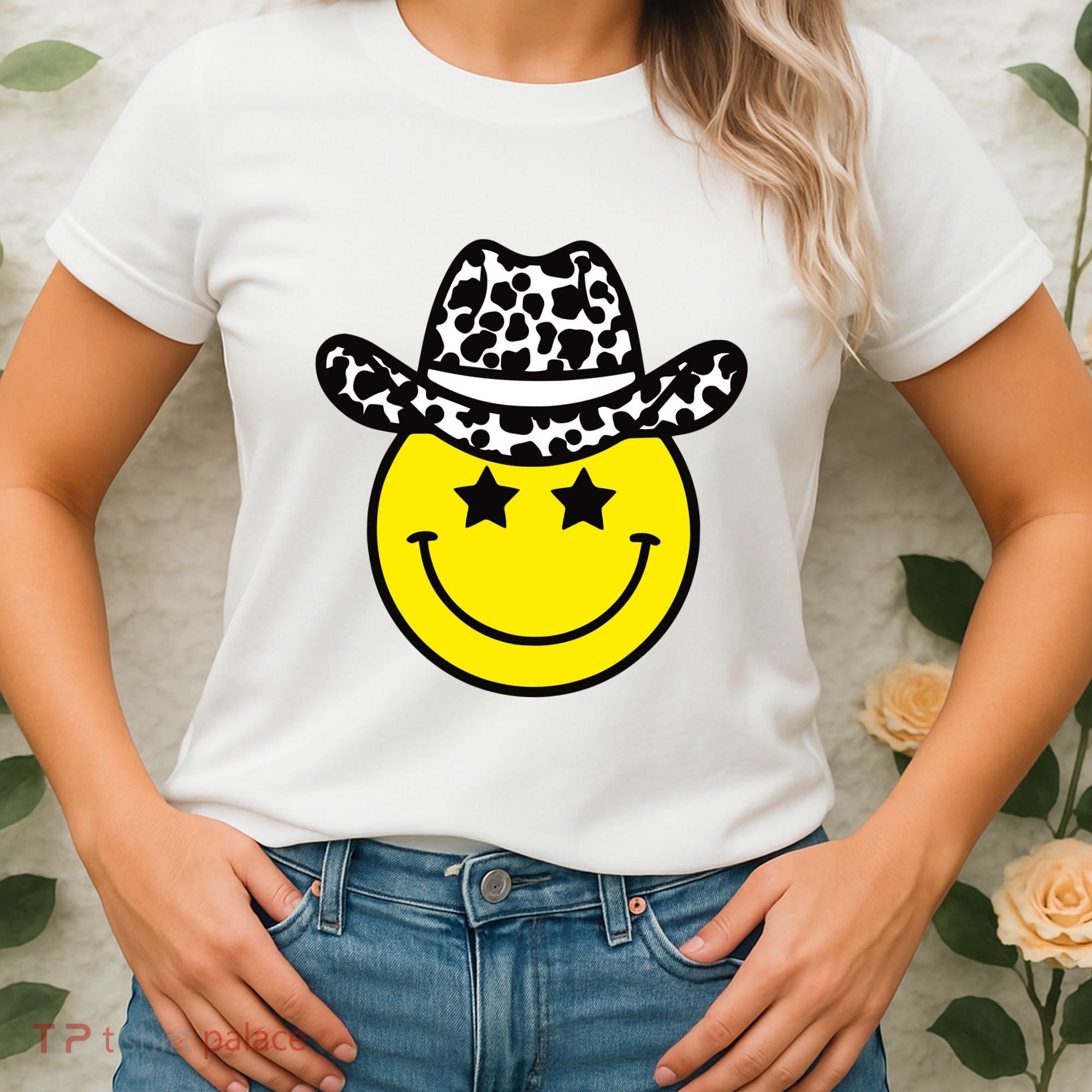 Cute Western Country Cowgirl Hat Star Yellow Smile Face Girl Women's T-Shirt