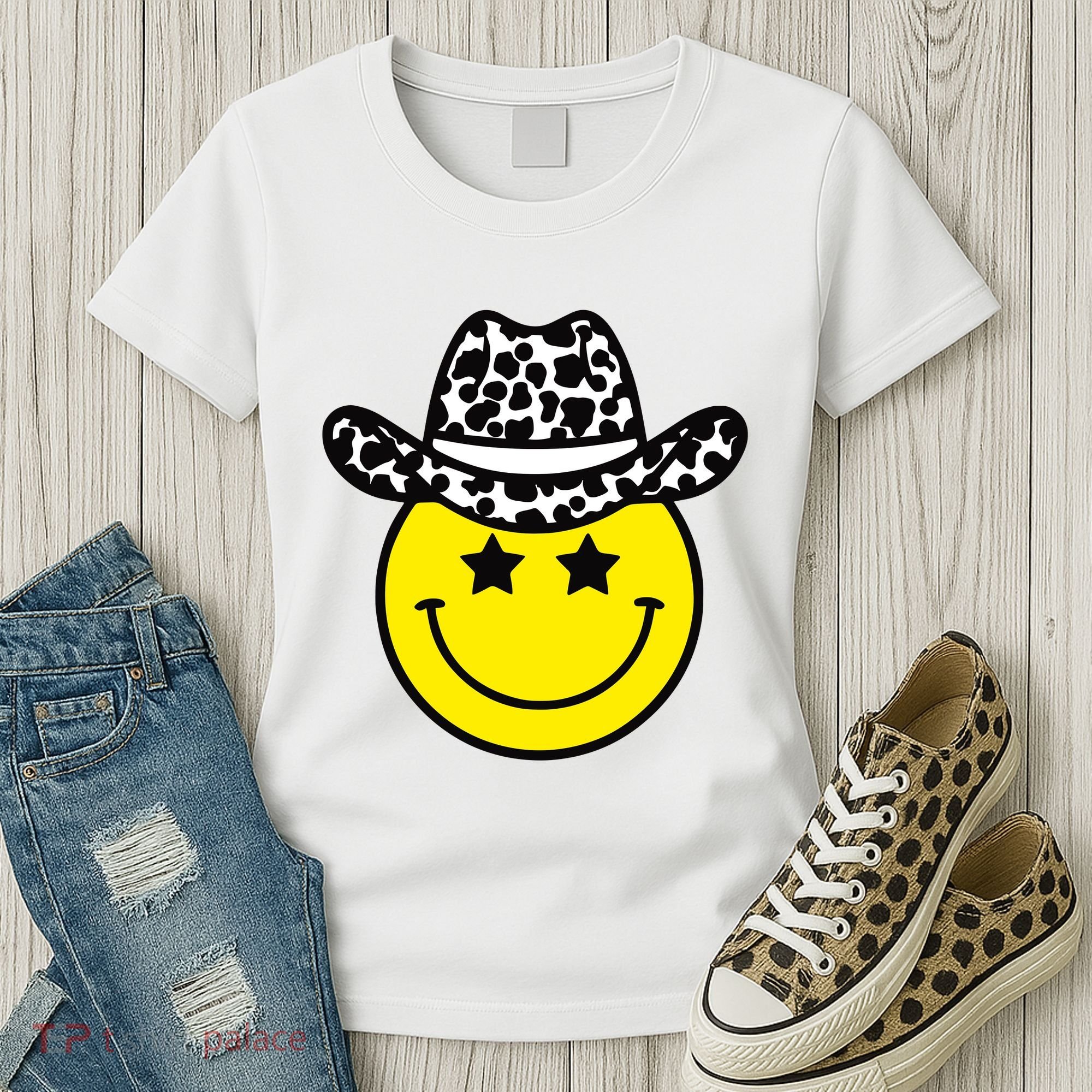 Cute Western Country Cowgirl Hat Star Yellow Smile Face Girl Women's T-Shirt