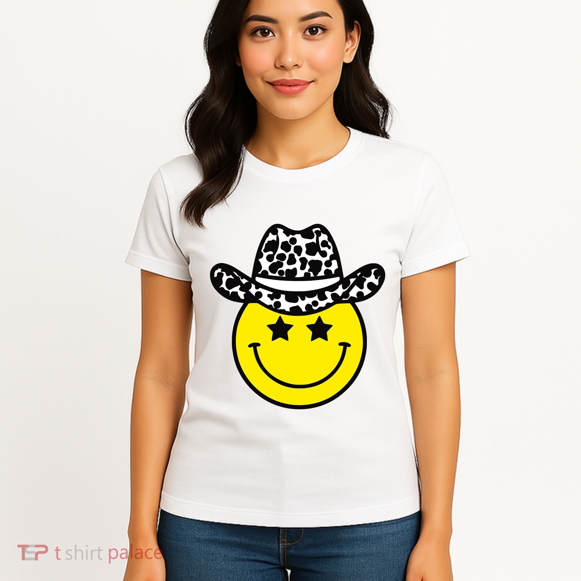 Cute Western Country Cowgirl Hat Star Yellow Smile Face Girl Women's T-Shirt
