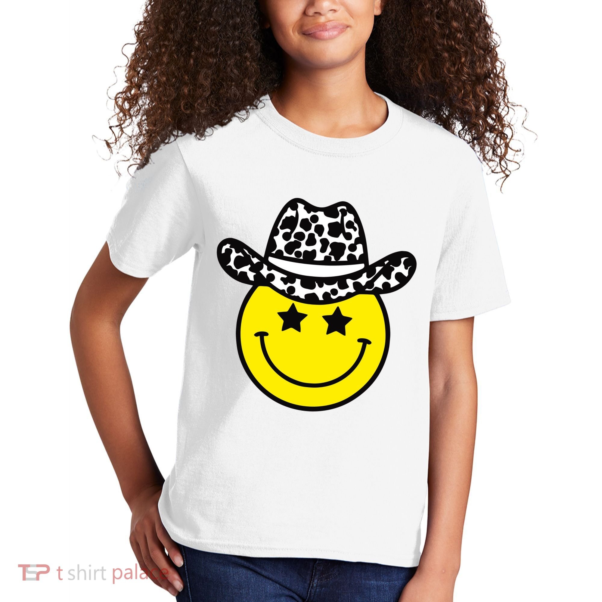 Cute Western Country Cowgirl Hat Star Yellow Smile Face Girl Kids T-Shirt
