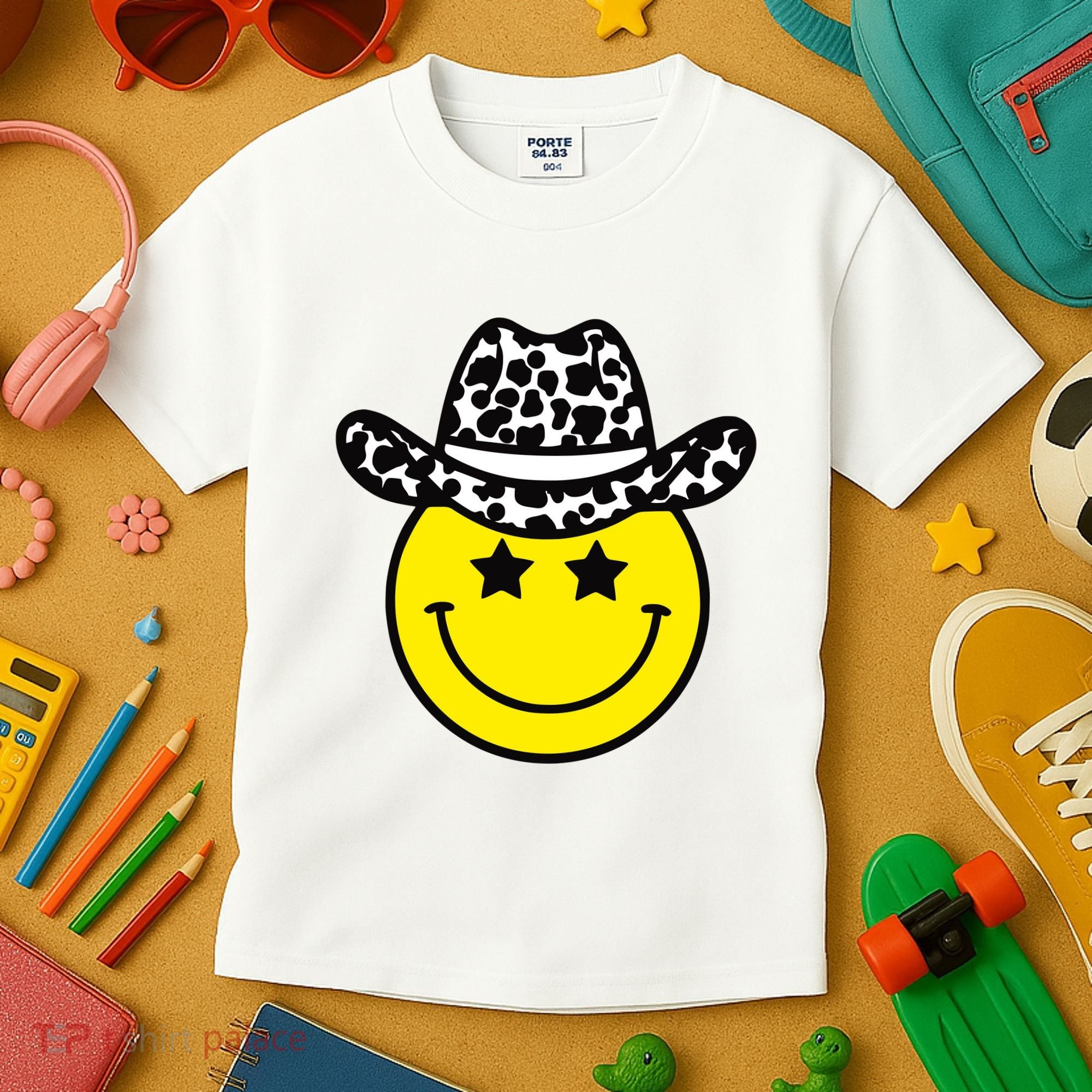 Cute Western Country Cowgirl Hat Star Yellow Smile Face Girl Kids T-Shirt