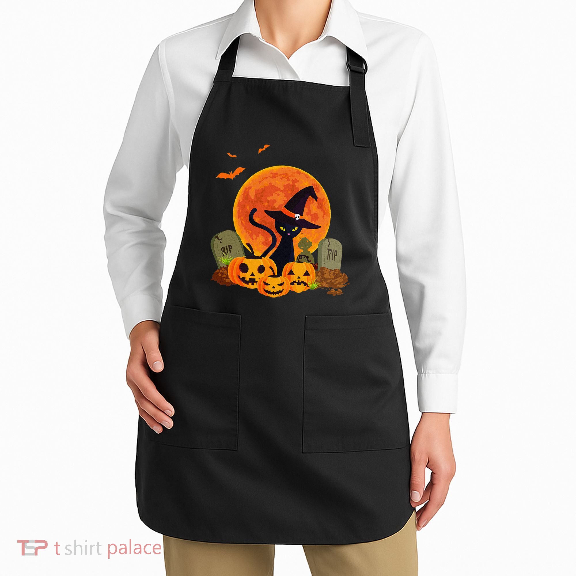 Cute Witch Cat Pumpkin Graveyard Spooky Cat Mom Halloween Apron
