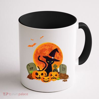 Cute Witch Cat Pumpkin Graveyard Spooky Cat Mom Halloween Coffee Mug back