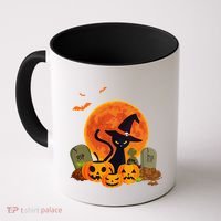Cute Witch Cat Pumpkin Graveyard Spooky Cat Mom Halloween Coffee Mug thumb 0